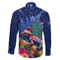 New Zealand Tuatara Christmas Family Matching Tank Maxi Dress and Hawaiian Shirt Silver Fern and Xmas Pohutukawa Tree Blue Color