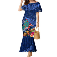 New Zealand Tuatara Christmas Mermaid Dress Silver Fern and Xmas Pohutukawa Tree Blue Color LT03 Women Blue - Polynesian Pride
