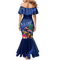 New Zealand Tuatara Christmas Mermaid Dress Silver Fern and Xmas Pohutukawa Tree Blue Color LT03 - Polynesian Pride