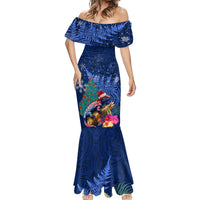 New Zealand Tuatara Christmas Mermaid Dress Silver Fern and Xmas Pohutukawa Tree Blue Color LT03 - Polynesian Pride