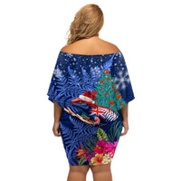 New Zealand Tuatara Christmas Off Shoulder Short Dress Silver Fern and Xmas Pohutukawa Tree Blue Color LT03 - Polynesian Pride