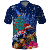 New Zealand Tuatara Christmas Polo Shirt Silver Fern and Xmas Pohutukawa Tree Blue Color