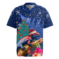 New Zealand Tuatara Christmas Rugby Jersey Silver Fern and Xmas Pohutukawa Tree Blue Color LT03 Blue - Polynesian Pride