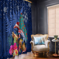 New Zealand Tuatara Christmas Window Curtain Silver Fern and Xmas Pohutukawa Tree Blue Color