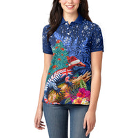 New Zealand Tuatara Christmas Women Polo Shirt Silver Fern and Xmas Pohutukawa Tree Blue Color