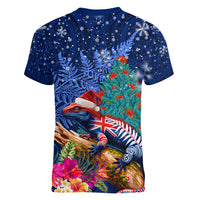 New Zealand Tuatara Christmas Women V-Neck T-Shirt Silver Fern and Xmas Pohutukawa Tree Blue Color