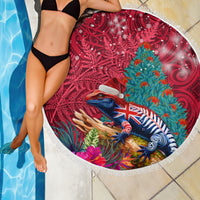 New Zealand Tuatara Christmas Beach Blanket Silver Fern and Xmas Pohutukawa Tree Red Color