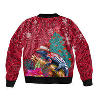 New Zealand Tuatara Christmas Bomber Jacket Silver Fern and Xmas Pohutukawa Tree Red Color