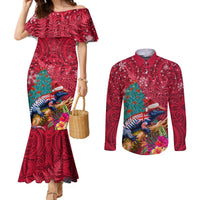 New Zealand Tuatara Christmas Couples Matching Mermaid Dress and Long Sleeve Button Shirt Silver Fern and Xmas Pohutukawa Tree Red Color LT03 Red - Polynesian Pride
