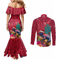 New Zealand Tuatara Christmas Couples Matching Mermaid Dress and Long Sleeve Button Shirt Silver Fern and Xmas Pohutukawa Tree Red Color LT03 - Polynesian Pride