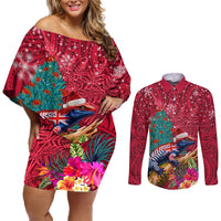 New Zealand Tuatara Christmas Couples Matching Off Shoulder Short Dress and Long Sleeve Button Shirt Silver Fern and Xmas Pohutukawa Tree Red Color LT03 Red - Polynesian Pride