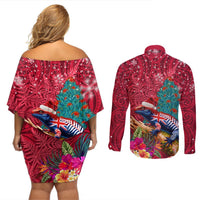 New Zealand Tuatara Christmas Couples Matching Off Shoulder Short Dress and Long Sleeve Button Shirt Silver Fern and Xmas Pohutukawa Tree Red Color LT03 - Polynesian Pride