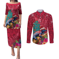 New Zealand Tuatara Christmas Couples Matching Puletasi and Long Sleeve Button Shirt Silver Fern and Xmas Pohutukawa Tree Red Color LT03 Red - Polynesian Pride