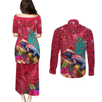 New Zealand Tuatara Christmas Couples Matching Puletasi and Long Sleeve Button Shirt Silver Fern and Xmas Pohutukawa Tree Red Color LT03 - Polynesian Pride