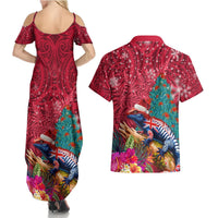 New Zealand Tuatara Christmas Couples Matching Summer Maxi Dress and Hawaiian Shirt Silver Fern and Xmas Pohutukawa Tree Red Color LT03 - Polynesian Pride