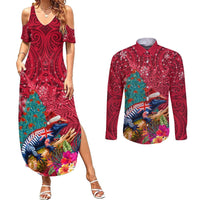 New Zealand Tuatara Christmas Couples Matching Summer Maxi Dress and Long Sleeve Button Shirt Silver Fern and Xmas Pohutukawa Tree Red Color LT03 Red - Polynesian Pride