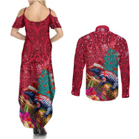New Zealand Tuatara Christmas Couples Matching Summer Maxi Dress and Long Sleeve Button Shirt Silver Fern and Xmas Pohutukawa Tree Red Color LT03 - Polynesian Pride