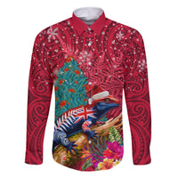 New Zealand Tuatara Christmas Family Matching Off The Shoulder Long Sleeve Dress and Hawaiian Shirt Silver Fern and Xmas Pohutukawa Tree Red Color