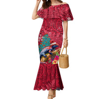 New Zealand Tuatara Christmas Mermaid Dress Silver Fern and Xmas Pohutukawa Tree Red Color LT03 Women Red - Polynesian Pride