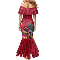 New Zealand Tuatara Christmas Mermaid Dress Silver Fern and Xmas Pohutukawa Tree Red Color LT03 - Polynesian Pride