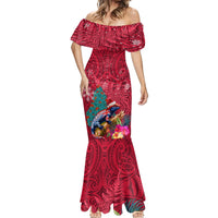 New Zealand Tuatara Christmas Mermaid Dress Silver Fern and Xmas Pohutukawa Tree Red Color LT03 - Polynesian Pride