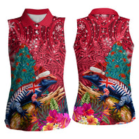 New Zealand Tuatara Christmas Women Sleeveless Polo Shirt Silver Fern and Xmas Pohutukawa Tree Red Color