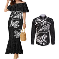 New Zealand Tuatara Tribal Tattoo Couples Matching Mermaid Dress and Long Sleeve Button Shirt Silver Fern and Maori Pattern Black Color LT03 Black - Polynesian Pride