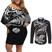 New Zealand Tuatara Tribal Tattoo Couples Matching Off Shoulder Short Dress and Long Sleeve Button Shirt Silver Fern and Maori Pattern Black Color LT03 Black - Polynesian Pride