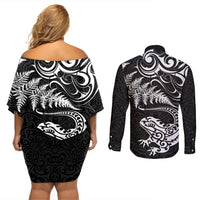 New Zealand Tuatara Tribal Tattoo Couples Matching Off Shoulder Short Dress and Long Sleeve Button Shirt Silver Fern and Maori Pattern Black Color LT03 - Polynesian Pride