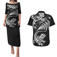 New Zealand Tuatara Tribal Tattoo Couples Matching Puletasi and Hawaiian Shirt Silver Fern and Maori Pattern Black Color LT03 Black - Polynesian Pride
