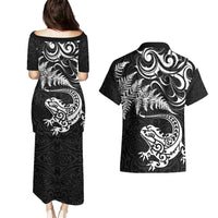 New Zealand Tuatara Tribal Tattoo Couples Matching Puletasi and Hawaiian Shirt Silver Fern and Maori Pattern Black Color LT03 - Polynesian Pride