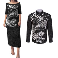 New Zealand Tuatara Tribal Tattoo Couples Matching Puletasi and Long Sleeve Button Shirt Silver Fern and Maori Pattern Black Color LT03 Black - Polynesian Pride