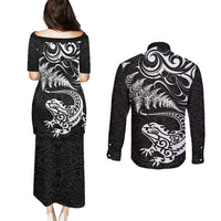New Zealand Tuatara Tribal Tattoo Couples Matching Puletasi and Long Sleeve Button Shirt Silver Fern and Maori Pattern Black Color LT03 - Polynesian Pride