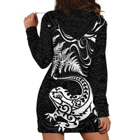 New Zealand Tuatara Tribal Tattoo Hoodie Dress Silver Fern and Maori Pattern Black Color LT03 - Polynesian Pride