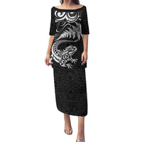 New Zealand Tuatara Tribal Tattoo Puletasi Silver Fern and Maori Pattern Black Color LT03 Long Dress Black - Polynesian Pride