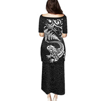 New Zealand Tuatara Tribal Tattoo Puletasi Silver Fern and Maori Pattern Black Color LT03 - Polynesian Pride