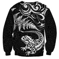 New Zealand Tuatara Tribal Tattoo Sweatshirt Silver Fern and Maori Pattern Black Color