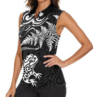 New Zealand Tuatara Tribal Tattoo Women Sleeveless Polo Shirt Silver Fern and Maori Pattern Black Color