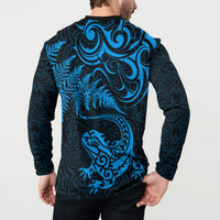 New Zealand Tuatara Tribal Tattoo Button Sweatshirt Silver Fern and Maori Pattern Blue Color