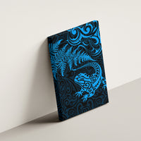 New Zealand Tuatara Tribal Tattoo Canvas Wall Art Silver Fern and Maori Pattern Blue Color