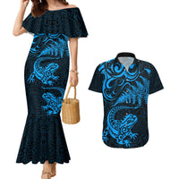 New Zealand Tuatara Tribal Tattoo Couples Matching Mermaid Dress and Hawaiian Shirt Silver Fern and Maori Pattern Blue Color LT03 Blue - Polynesian Pride