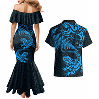 New Zealand Tuatara Tribal Tattoo Couples Matching Mermaid Dress and Hawaiian Shirt Silver Fern and Maori Pattern Blue Color LT03 - Polynesian Pride