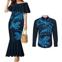 New Zealand Tuatara Tribal Tattoo Couples Matching Mermaid Dress and Long Sleeve Button Shirt Silver Fern and Maori Pattern Blue Color LT03 Blue - Polynesian Pride