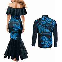 New Zealand Tuatara Tribal Tattoo Couples Matching Mermaid Dress and Long Sleeve Button Shirt Silver Fern and Maori Pattern Blue Color LT03 - Polynesian Pride