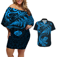 New Zealand Tuatara Tribal Tattoo Couples Matching Off Shoulder Short Dress and Hawaiian Shirt Silver Fern and Maori Pattern Blue Color LT03 Blue - Polynesian Pride