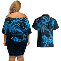 New Zealand Tuatara Tribal Tattoo Couples Matching Off Shoulder Short Dress and Hawaiian Shirt Silver Fern and Maori Pattern Blue Color LT03 - Polynesian Pride