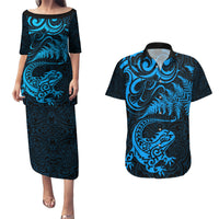 New Zealand Tuatara Tribal Tattoo Couples Matching Puletasi and Hawaiian Shirt Silver Fern and Maori Pattern Blue Color LT03 Blue - Polynesian Pride