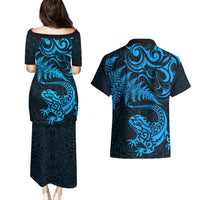 New Zealand Tuatara Tribal Tattoo Couples Matching Puletasi and Hawaiian Shirt Silver Fern and Maori Pattern Blue Color LT03 - Polynesian Pride