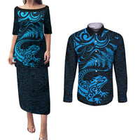 New Zealand Tuatara Tribal Tattoo Couples Matching Puletasi and Long Sleeve Button Shirt Silver Fern and Maori Pattern Blue Color LT03 Blue - Polynesian Pride
