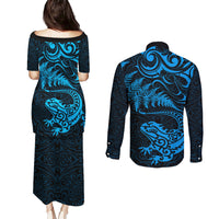New Zealand Tuatara Tribal Tattoo Couples Matching Puletasi and Long Sleeve Button Shirt Silver Fern and Maori Pattern Blue Color LT03 - Polynesian Pride